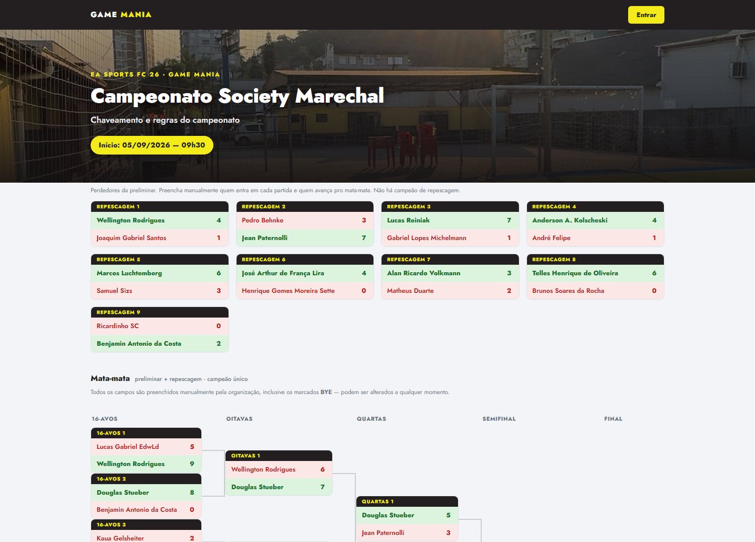 Tela do chaveamento do Campeonato Society Marechal com os resultados das partidas atualizados