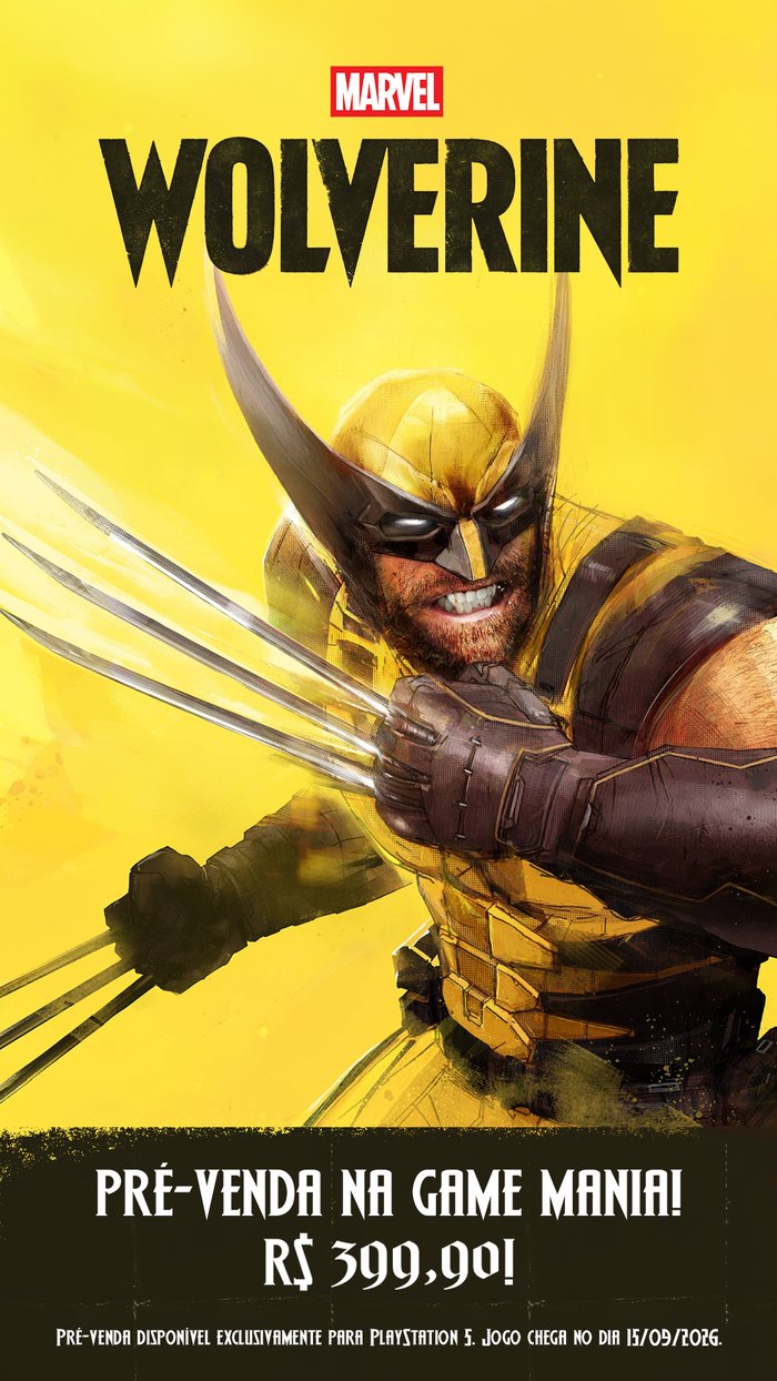 Arte oficial da pré-venda de Marvel's Wolverine na Game Mania, R$ 399,90, lançamento em 15/09/2026
